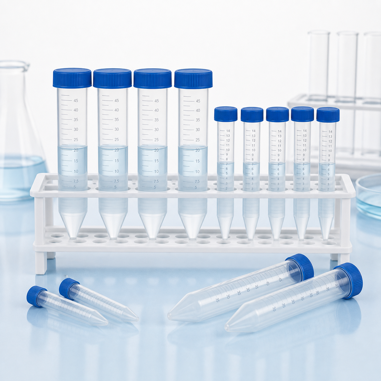 Non-branded 15 mL and 50 mL centrifuge tubes for laboratory sample preparation