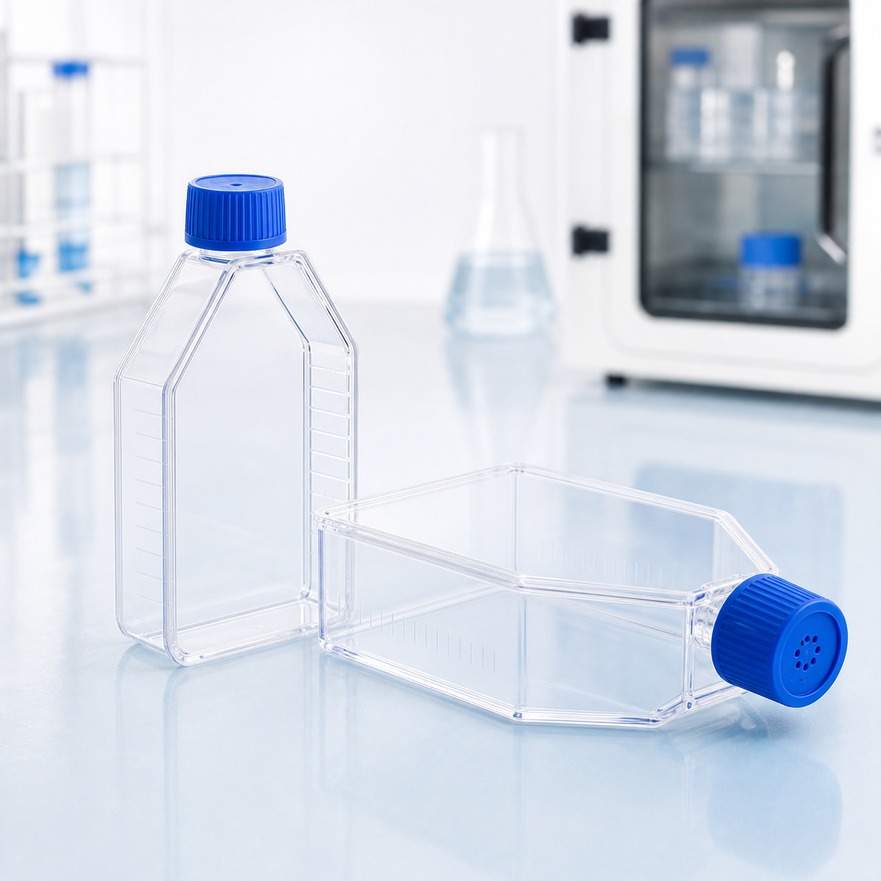 Non-branded cell culture flasks with vent caps for laboratory workflows