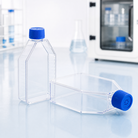 Non-branded cell culture flasks with vent caps for laboratory workflows