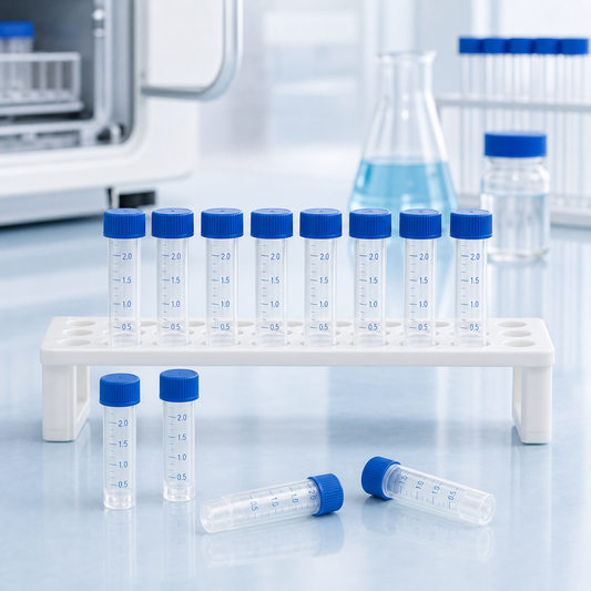 Non-branded 2.0 mL cryogenic vials with blue caps in a laboratory rack
